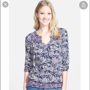 Lucky Brand Batik Marel Print Smocked Peasant Top